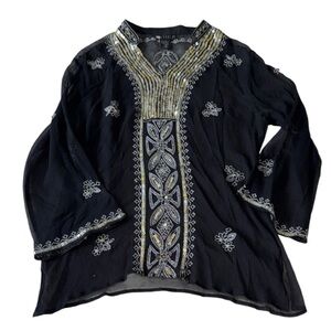 Carole Little Black Embroidered Tunic with Gold & Silver Accents 100% Silk Small